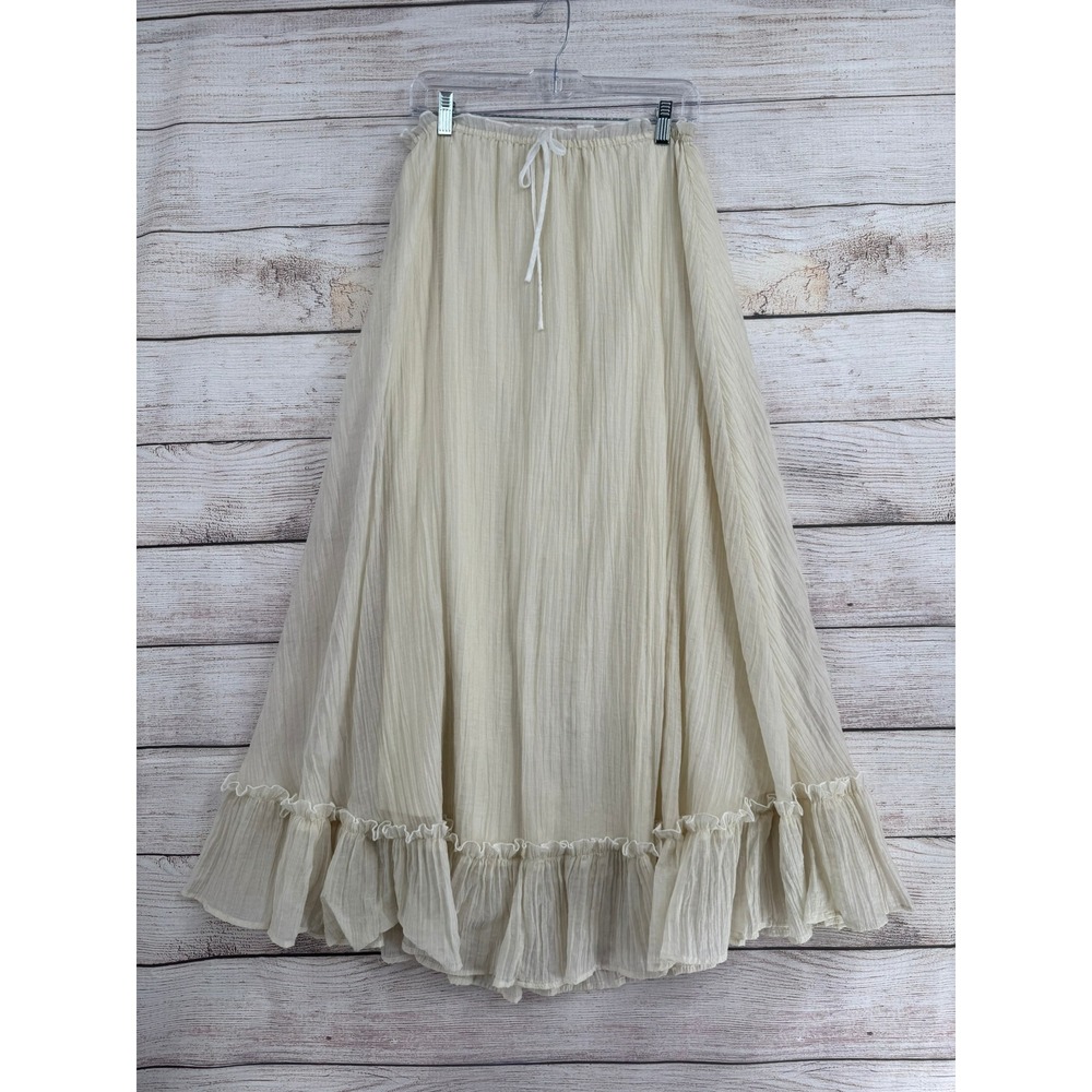 12th Tribe Maxi Skirt Womens Medium Cream Crinkle Ruffle Tiered Boho 7166H2S-Y-M